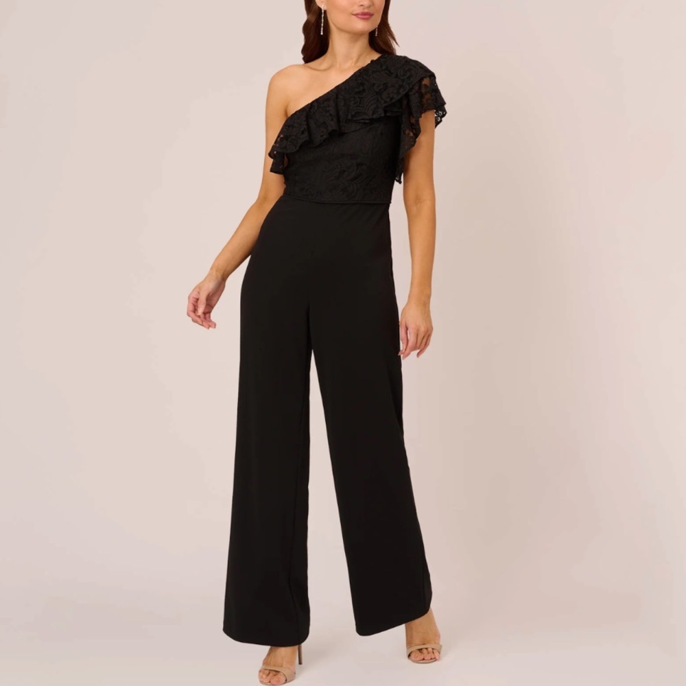 Adrianna Papell One Shoulder Black Crepe Lace Jumpsuit NWT